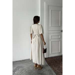 Elegant Beige Linen A-Line Dress With Back <b>Tie</b> And Puff Sleeves For Daily Wear - Product Image 1