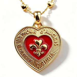 Heart-Shaped Gold-Plated Hard Enamel Medal With Red Center And Fleur-De-Lis Design For Valentine'S Day Love Theme - Product Image 2