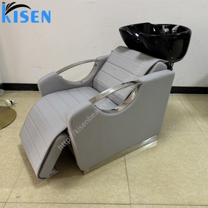 Kisen Salon Beige White Colorful Comfortable High-<b>end</b> Lay-down Hair Washing Shampoo Chair with Armrest for Barbershop - Product Image 6