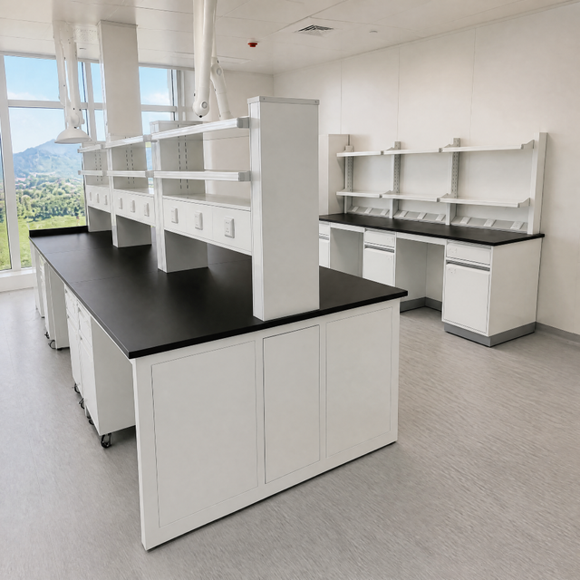 Steel Frame Lab Island Bench Modular Steel Frame Workstation with Reagent Shelf and Mobile Pedestal for Workshop Use