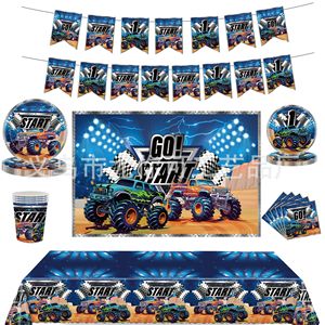 Ensemble de fournitures pour fête sur le thème des Monster Truck, assiettes en papier, gobelets, serviettes, nappe, décorations d'anniversaire - Product Image 1