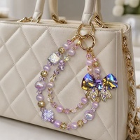 Chaîne de téléphone lavande avec nœud, strass AB en cristal, cordon perlé, porte-clés, breloque de sac, porte-clés de voiture, personnalisable, cadeau haut de gamme 15cm