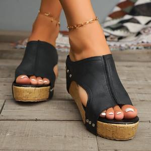 Sandales compensées d'été en cuir PU à bout ouvert, confortables, à enfiler, respirantes, rehaussantes pour femmes - Product Image 6