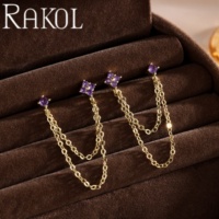 Anting-anting gantung rantai ganda RAKOL ZPE733 untuk wanita, anting tusuk 2 lubang, bertabur zircon kubik