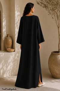 Vestido Largo de Fiesta para Mujer, Estilo Kaftan, en Lino Negro, Corte A, Ecológico, con Cinturón, Tradicional, Fluido, Exportación B2B - Product Image 4