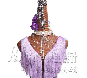 Vestido de Competición de Baile Latino para Mujer Adulta 2026, Estilo con Borlas, Falda Plisada con Flecos en Morado Claro - Product Image 4