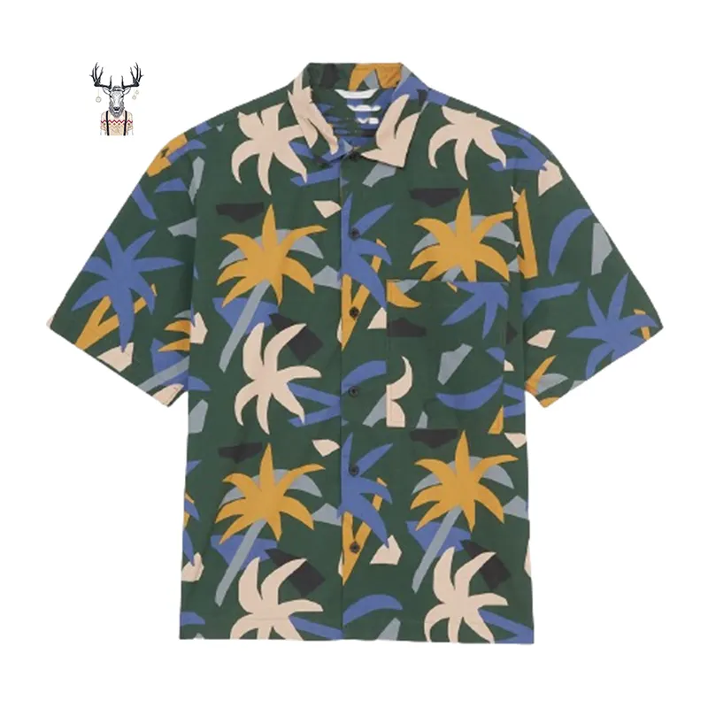 Nanteng Custom Summer 97% Cotton 3% Spandex Beach Vacation Loose Vintage All-Over Printing Turn-Down Collar Men Button Up Shirt