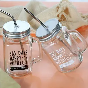 Top Seller Hot Sale Wholesale Colored Glass Mason Jars Cup With Handle And Straw