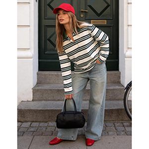 FOXA Womens Striped Polo Shirt Long Sleeve <b>Preppy</b> Knitted <b>Top</b> Regular Fit V Neck Lapel Collar Button Front Sweatshirt Tee - Product Image 6
