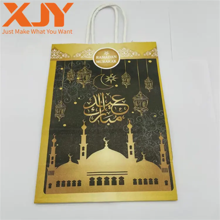XJY Logo personalizzato stampa sacchetto di carta stile Ramadan con stampa etichetta adesiva Islam Eid Mubarak Ramadan confezione regalo sacchetto di carta