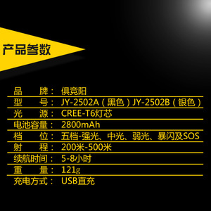 จูจิงหยางไฟฉาย LED แบบชาร์จไฟได้ USB มินิซูมได้ 2502a ใช้ในบ้านกลางแจ้ง - Product Image 3