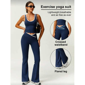 Conjunto de Yoga Bi Cross Flare Sólido Negro con Leggings de Cintura Alta y Ribete Blanco, Elástico en Cuatro Direcciones, Sin Costuras, Deportivo, para Mujer - Product Image 3