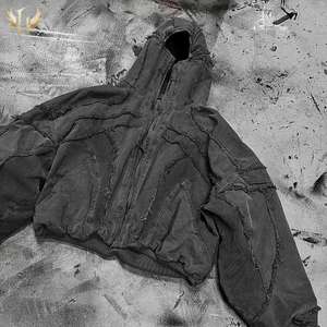 Reverse Distress Stitching Sudaderas con capucha negras en blanco Streetwear Vintage para hombre Boxy Fit Raw Hem Stone Lavado ácido Chaqueta para hombre - Product Image 2