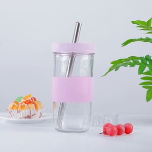 Gobelet en paille au design moderne avec manchon en silicone, style bocal Mason, gobelet perlé pour smoothies, jus, café - Logo personnalisable - Product Image 6