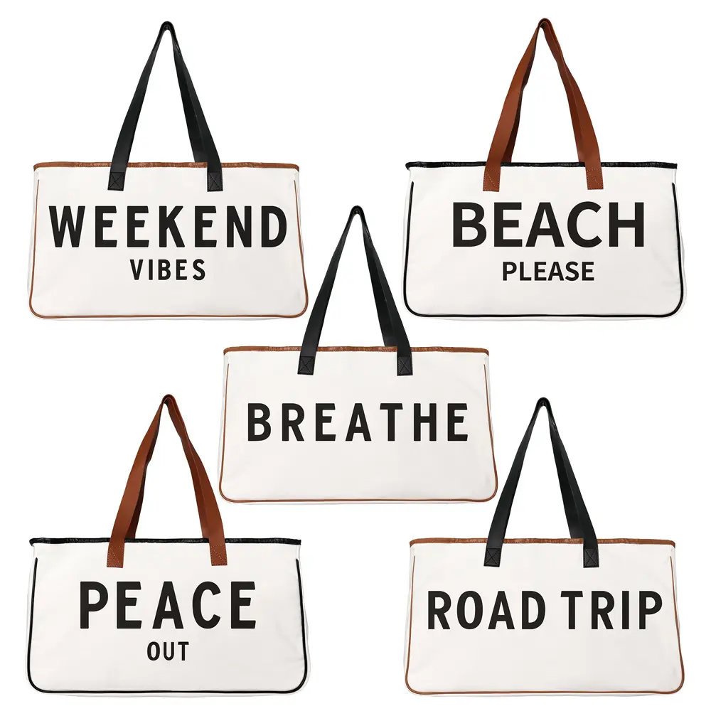 Tote Bag Hold Everything Collection Black and White 100% Cotton Canvas with Genuine Leather Handles Large Beach Please