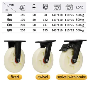 500kg 1100lb Load Capacity Nylon Plastic 4in 5in 6in 7in 8in Heavy Duty Caster Wheel For Industry