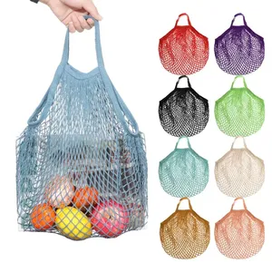 Sacola de compras de praia 100% algodão com cordão de frutas e vegetais premium, malha lavável e reutilizável