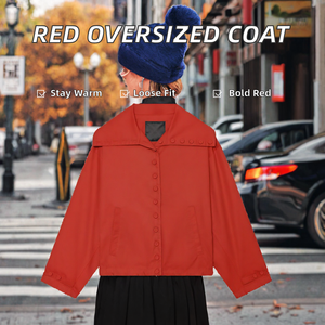 Manteau décontracté ample à manches longues et col rabattu boutonné, couleur rouge automne, pour femme - Product Image 2