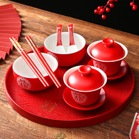 Service de tasses à thé en céramique pour cérémonie de mariage, ensemble de tasses à toast, bols rouges pour dîner de mariage, baguettes joyeuses - Style chinois complet