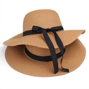Sombrero de Paja Flexible con Cinta Negra, Ala Ancha, Protección Solar, Sombrero de Playa para Mujer, Material de Hierba Natural, para Uso en Exteriores de Verano - Product Image 1