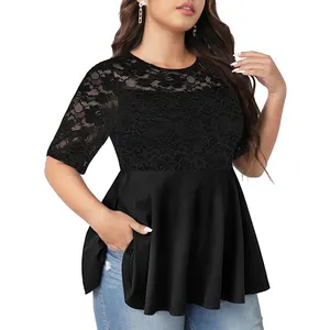Custom Women Summer Clothing Ladies Peplum Short Sleeve Black Lace Empire Waist Pleated Tunic Tops