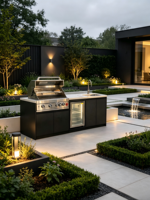 Station BBQ extérieure intégrée en acier inoxydable au gaz naturel pour projets de villas et complexes hôteliers, avec allumage électronique, grill encastré, évier et réfrigérateur