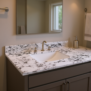 Panda White 43x22 Plan de toilette pour salle de bain en marbre artificiel avec lavabo en céramique à encastrer sous le plan et 3 trous pour robinets - Product Image 2