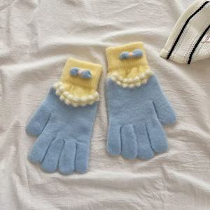 Gants en tricot jacquard en peluche bleue, longueur poignet, cinq doigts, pour femmes, hiver, chauds, mignons, doublés de polaire, épais, cyclisme, anti-froid - Product Image 6