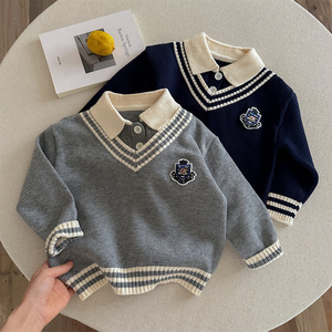 JK Style Knit Sweater With Embroidered Crest School Uniform Look Cotton Blend Gray And Navy Blue For Kids And Teens - Product Image 1