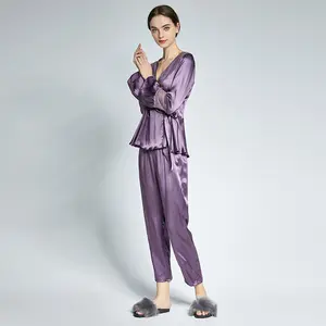 Pijamas de seda roxo elegantes, pijamas de seda com 2 peças