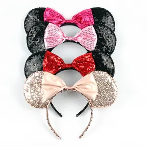 Hair Accessories Cute Cosplay Cartoon Bow Knot Girls Elastic Mouse Ear Headband Plastic Kids Party Sequin Minnie Hairband