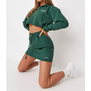 K210165 Ensemble <span class=keywords><strong>jupe</strong></span> deux pièces pour filles Survêtement d'automne et de printemps de couleur unie Tenue décontractée Ensemble jupes à capuche pour femmes - Product Image 1