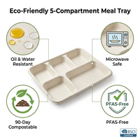 Barquette alimentaire jetable écologique et biodégradable à 5 compartiments en bagasse de canne à sucre pour l'emballage de la restauration rapide et des cuisines cloud
