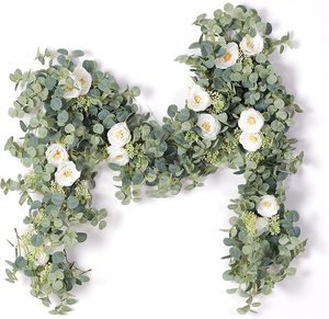 Party Wedding Table Backdrop Wall Decor <strong>Eucalyptus</strong> Garland White Artificial Flowers Roses Garland for Decoration - Product Image 1