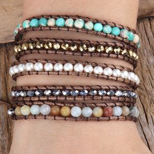 צמיד המטיט עור נשים עור המטיט בעבודת יד 5 גדילי אבן טבעית קריסטל זכוכית פנינה 5 צמידים לעטוף - Product Image 4