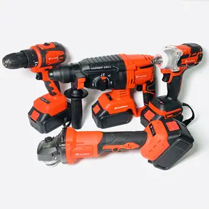 Set of 4pcs Power Tool Kits Rechargeable Electric Hammer Drill Brushless Angle Grinder Cordless Wrench Combination Tool Set Red
