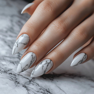 <span class=keywords><strong>Uñas</strong></span> Postizas Acrílicas Reutilizables de Lujo, Forma de Almendra, <span class=keywords><strong>con</strong></span> Vetas de Piedra Natural, Acabado Brillante en Mármol Blanco, para Ocasiones Elegantes - Product Image 1