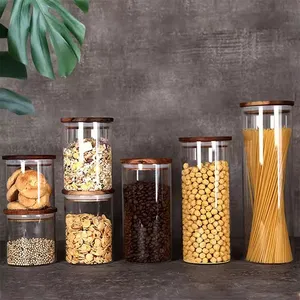 Nhiều Kích Cỡ Kín Rõ Ràng Glass Canister Xi Lanh Thực Phẩm Lưu Trữ Container Jar Với Nắp Tre Cho Nhà Bếp