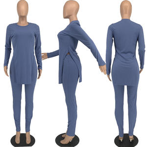 Completo Due Pezzi da Donna in Maglia a Coste, Top con Spacco a Maniche Lunghe e Leggings Aderenti, Tuta Sportiva Autunnale - Product Image 6