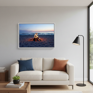 Modern Beach Bonfire Canvas Print: 3D Sea Landscape Art,WHITE <b>FRAMED</b> CANVAS - Product Image 3