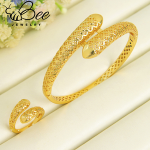 Nouveaux bijoux de mariée plaqués or 21 carats, ensemble de bagues et bracelets ouverts vintage plaqués or pour femmes de Dubaï, bijoux de fête de mariage - Product Image 5