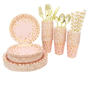 Modern Pink Gold Dot Design Disposable Tableware Set Factory Wholesale Custom Degradable Paper Plates Cup Tableware Sets - Product Image 1