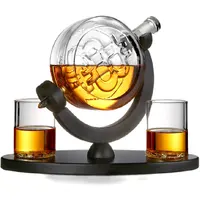 Uísque 850ml decanter globo com base de madeira, artesanal, crânio, formato de vidro, decanter com 2 copos