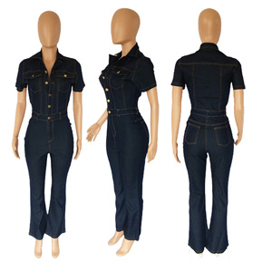 Combinaison en jean extensible à col en V et boutons, coupe large et droite, pour femme - Nouvelle collection - Product Image 4