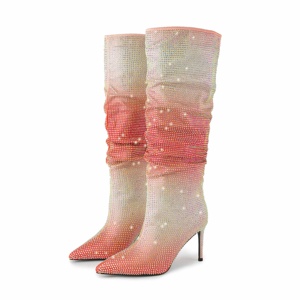 Winter Fashion Women Sexy Pencil High Heel Wide Calf <strong>Boots</strong> <strong>Sparkly</strong> Full Diamond Lady Gradient Satin Fabric Knee High <strong>Boots</strong> - Product Image 5