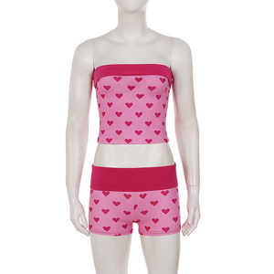Conjunto de Top y Shorts sin Tirantes con Estampado de Corazones y Bloques de Color, Estilo Europeo Americano, Sexy y a la Moda, para Vacaciones en la Playa, Informal, de Dos Piezas - Product Image 6