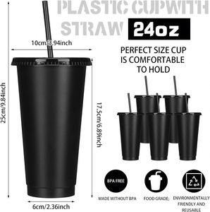 Gobelets réutilisables de 24 oz avec couvercles et pailles, logo personnalisé, gobelets en plastique noir, vente en gros, avec paille pour fêtes et voyages - Product Image 2