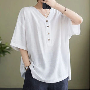 Women's Short Sleeve V-Neck Top With Buttons Cotton Poplin Loose Fit Casual Work Wear White Gray Navy Blue - Product Image 1