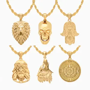 High Quality Men 316L Stainless Steel Jewelry 18K Gold Vacuum Plated Lion Jesus Cross Buddha Skull Rose Flower Pendant Necklace