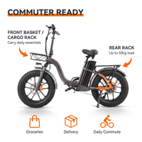Bicicleta eléctrica plegable Vakole Y20 Pro con neumáticos gruesos de 20x4.0 para largas distancias, fabricante de bicicletas eléctricas.